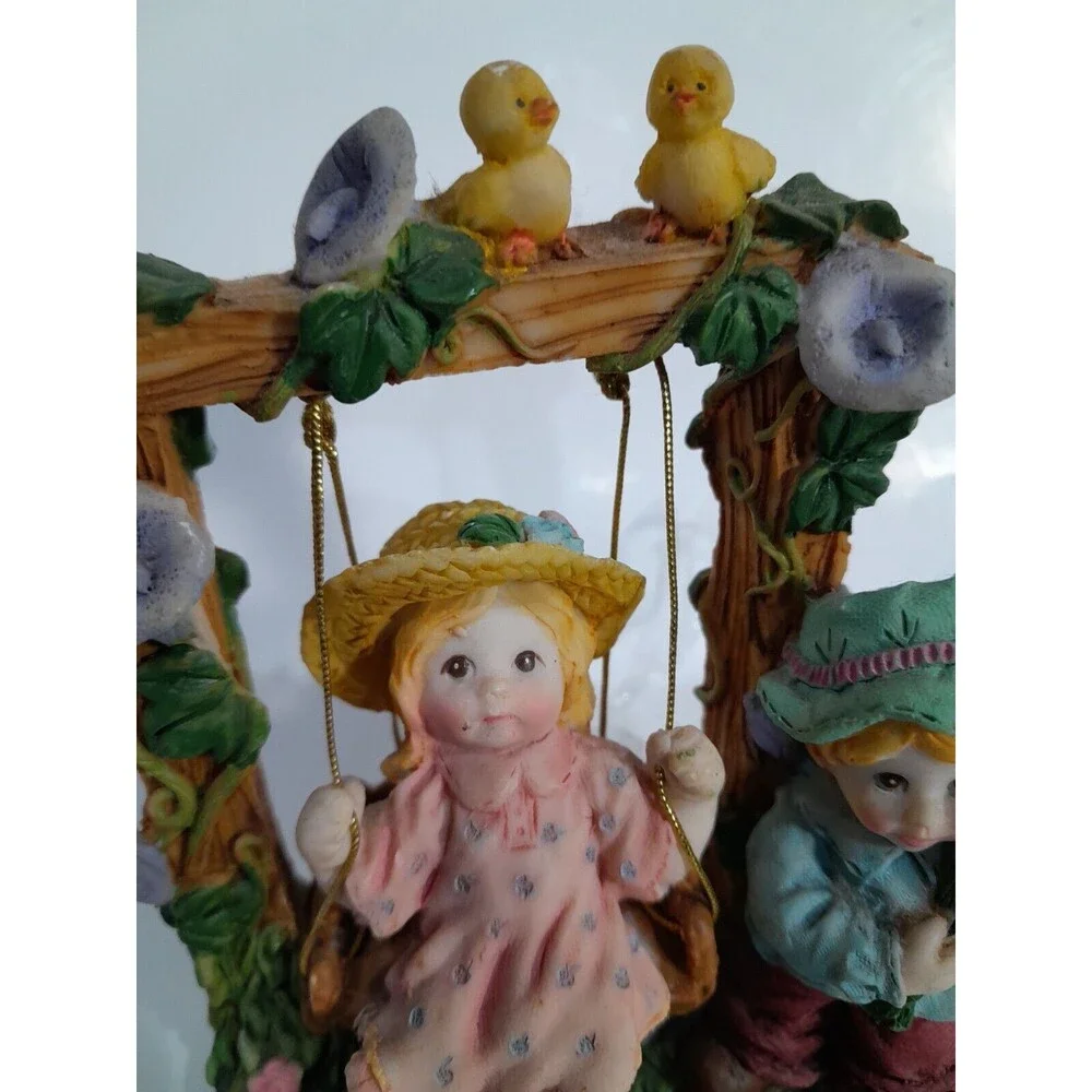 Ceramic Vintage Girl On Swing / Boy With Flowers In Nature, Figurine